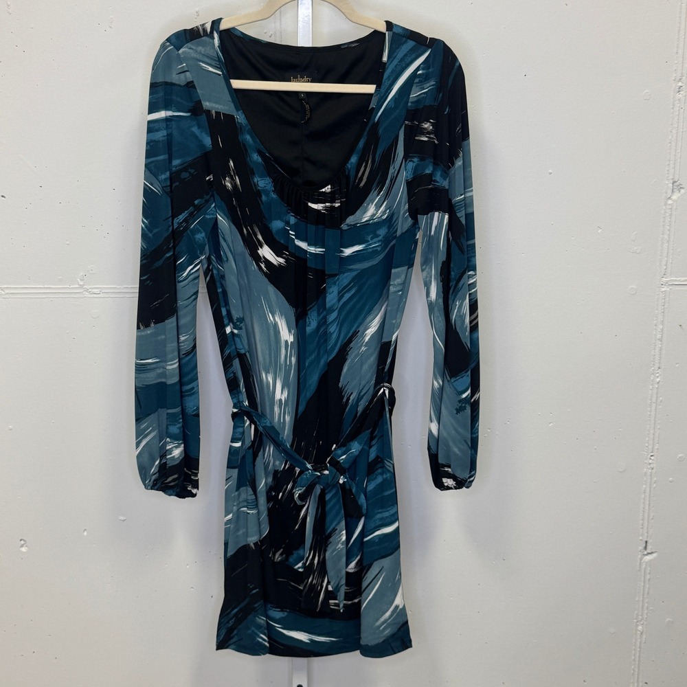 Laundry by Shelli Segal Blue Abstract Brushstroke Long Sleeve Mini Dress Large